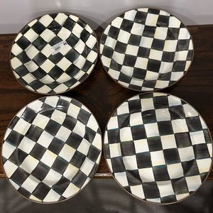 Brand New Mackenzie Childs Courtly Check Enamel Rimmed Soup Bowls Set of 4